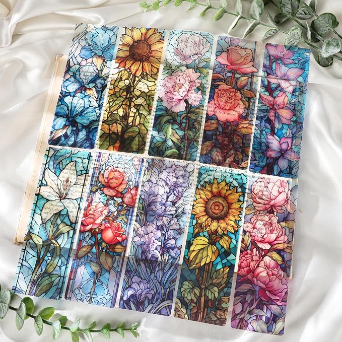 Aesthetic Flower Bookmark Gifts - 10 Pcs Personalized Art Stained Glass Bookmarks for Women Girls Book Lovers Vintage Floral Page Marks School Reading Accessories Bookish Gift for Birthday
