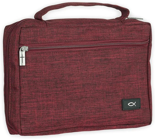 Christian Art Gifts Polyester Bible Cover for Men & Women w/Jesus Fish Patch, Secure Zipper Pocket, Pen Loops, Easy Carry Stationery Book Case, Accessories, Burgundy, Large