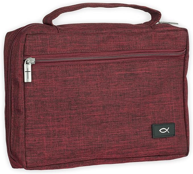 Christian Art Gifts Polyester Bible Cover for Men & Women w/Jesus Fish Patch, Secure Zipper Pocket, Pen Loops, Easy Carry Stationery Book Case, Accessories, Burgundy, XL