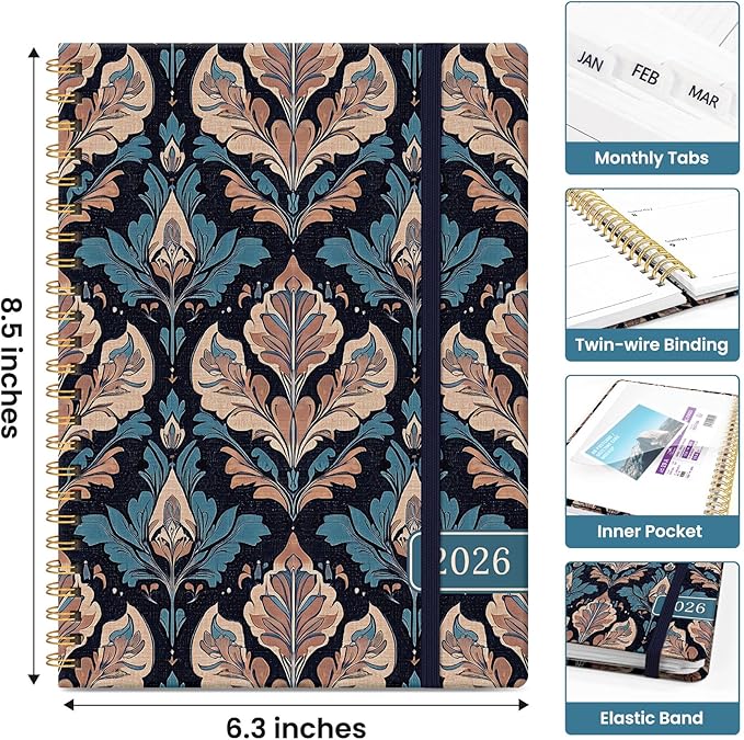 2026 Planner, Weekly and Monthly Calendar Planner for Women, Jan 2026 - Dec 2026, Hardcover Planning Agenda book with Tabs, Spiral Bound, Inner Pocket, Perfect for School Office Supplies, 6.3" x 8.5" - Regal Petals