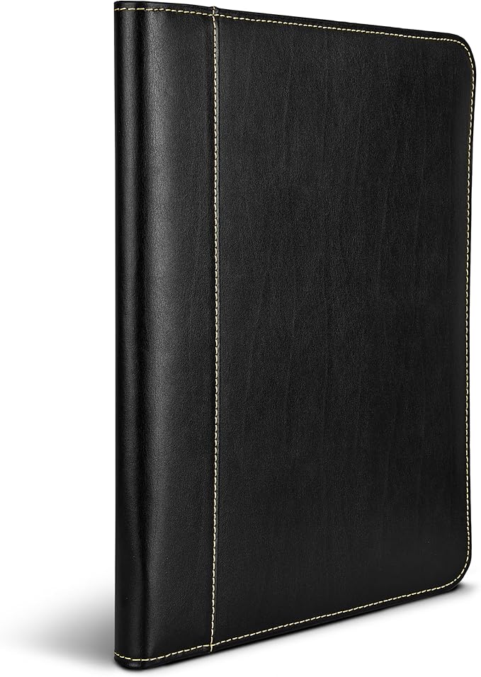 Samsill Contrast Stitch Leather Zippered Portfolio Folder/Business Portfolio for Men and Women, Resume/Document Organizer with Writing Pad, Black (71720)