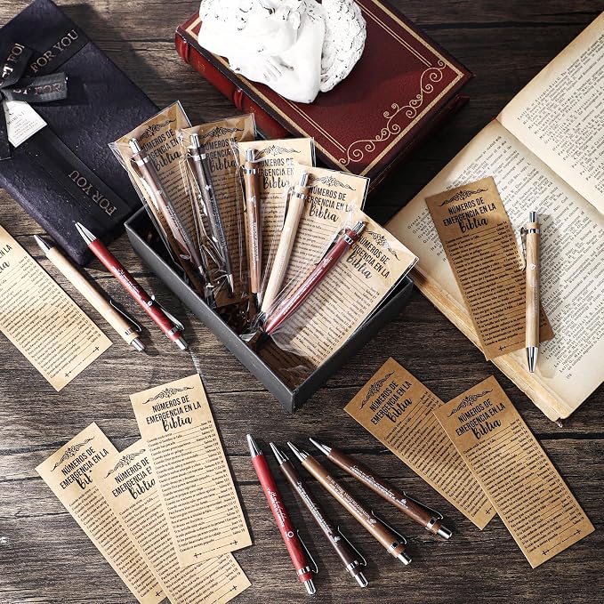 Feifeiya 50 Sets Christian Fathers Day Pens Bulk Bible Verse Religious Ballpoint Bamboo Pens with Bible Verse Emergency Numbers Bookmarks Church Gifts for Women Men Pastor Godfather Teacher (Spanish)