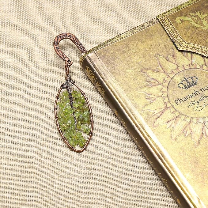 Jovivi 3pcs Antique Copper Metal Bookmark Beading Bookmarks with Handmade 7 Chakra Healing Crystals Tree of Life Tumbled Gemstones & Swirl & Leaf Bead
