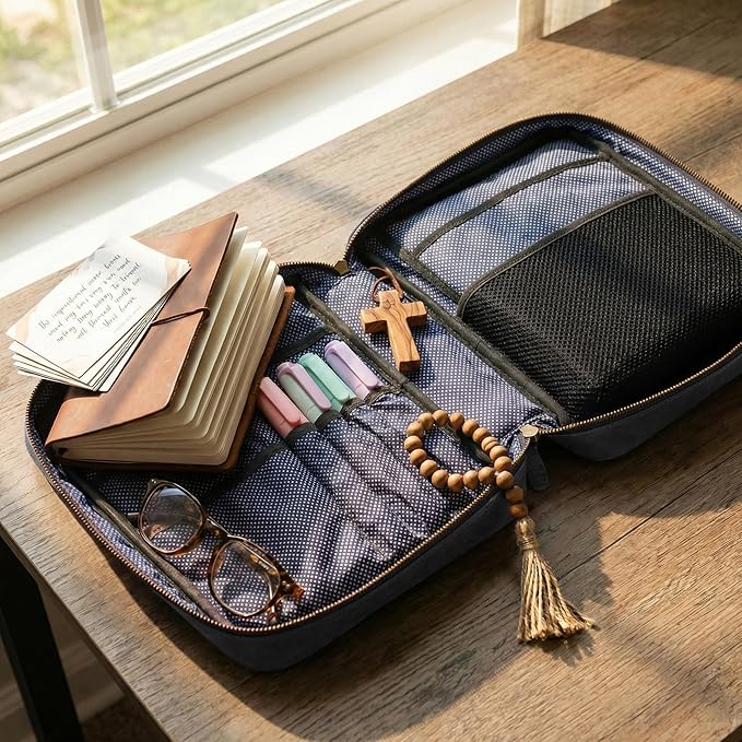 LEATHER VILLAGE Handmade Vintage Leather Embossed Bible Cover for Men & Women - Large Protective Bible Case & Organizer for Church, Travel & Study Christian Religious Antique Bookmark - Black