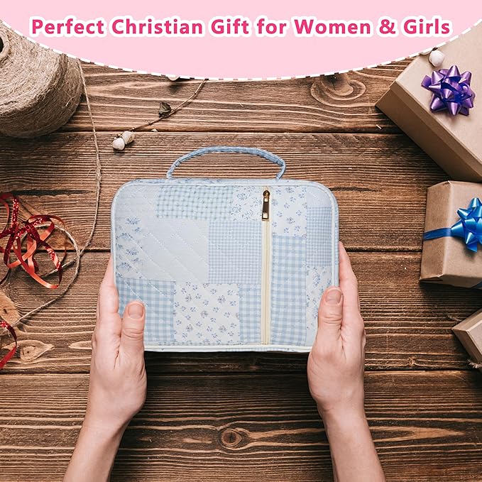 Bible Cover for Women, Large Quilted Case with Handle, Durable Bag and Carrying Case for Girls, Study Supplies Accessories, Christian Gift for Women (Blue Spliced Flower, Large-Bag Set)