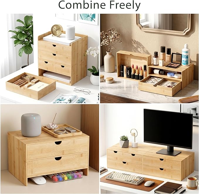 Desk Organizer with Drawers - Bamboo Desktop Organizer Storage | Wood Desk Drawers Organizer for Bills, Office Supplies, Cosmetics, Seals No Assembly Required