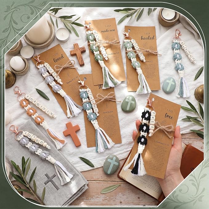 Gerrii 12 Set Back to School Keychains Bulk Christian Gifts for Women Christian Faith Bookmarks with Inspirational Bible Verses Macrame Tassel Keychain Classroom Prize Bible Verse Gift (Dark)