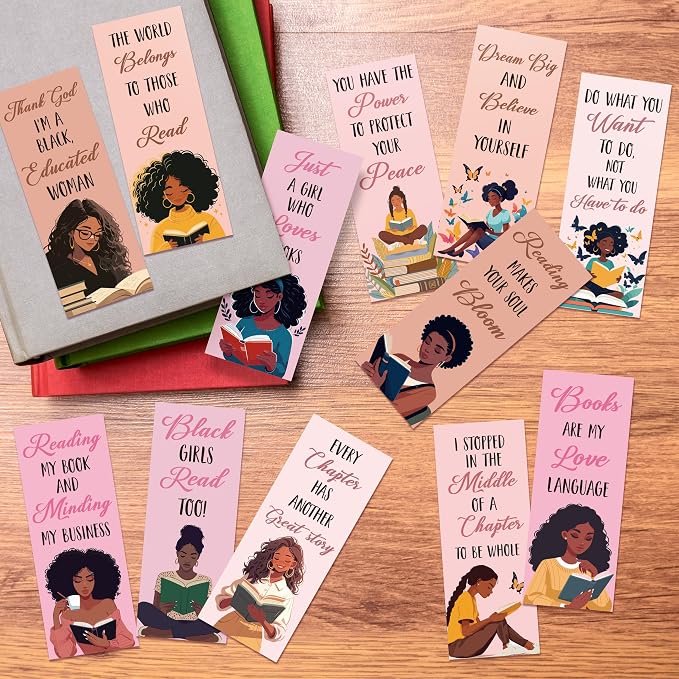 Laffact 240Pcs Book Tracker Bookmarks, Black Girls Themed Paper Bookmarks Bulk, 6.1”×2.4” Double-Sided Reading Page Marker, Black Woman Bookish Gifts for Book Lover School Library Supplies Accessories