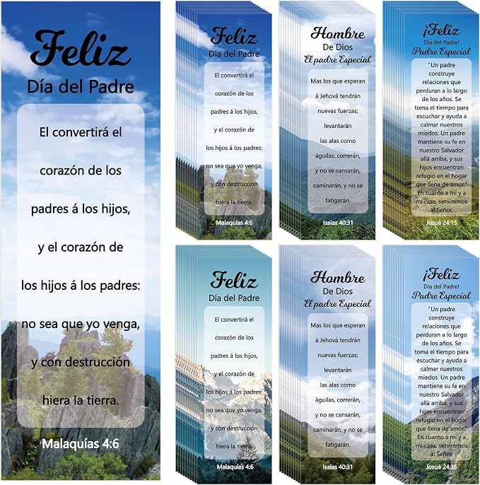 TICIAGA Father's Day Christian Bookmark - 60Pcs Spanish Religious Christian Bookmarks with Inspirational Verse, Man of God Masculine Bible Verse Page Marker for Dad, Church Study