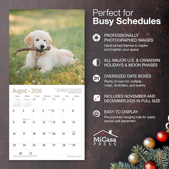 MICASA PRESS Golden Retriever Puppies 2026 Wall Calendar 12 Month | 12" x 24" Open | Thick & Sturdy Paper | Giftable | Cute Puppy Dog Calendar 2026