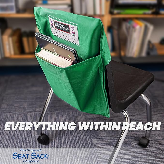 Seat Sack Elastic Student Chair Storage Pocket - Fits 12"–17" Chairs, Classroom Chair Organizer for Student Desks, Durable Stretch Over-the-Chair Storage, Green, 1-Pack