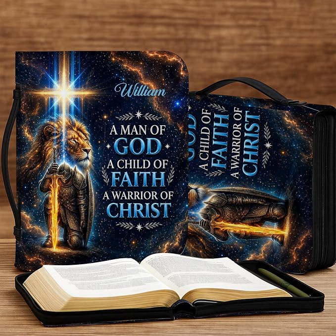 Personalized Man of God Bible Cover for Men, Christian PU Leather Bible Case with Handle Zipper, God Says I Am Warrior Scripture Bible Holder, Religious Gift for Men (Warrior of Christ 2)