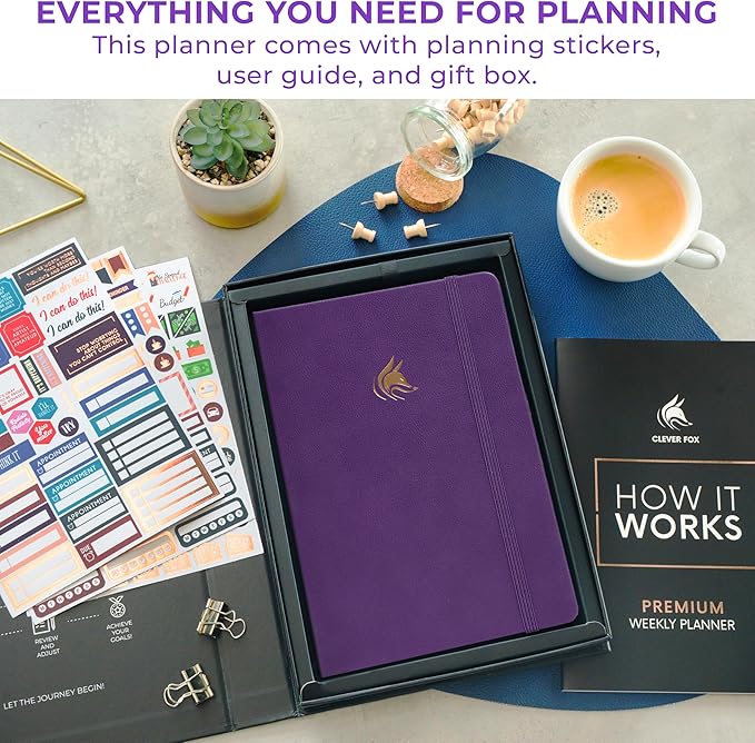 Clever Fox Dated Planner Premium 2026 – Weekly Agenda for Planning & Time Management –Notebook with Habit Tracker & To-do List (Purple)