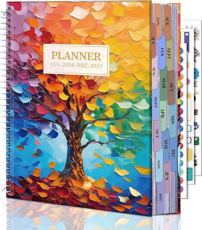 CAGIE Planner 2026-2027 Weekly and Monthly,18 Month (Jul. 26-Dec. 27) Planners Calendar with Hourly Timeslot, 10"x11.5", Large Hardcover Spiral Daily Planner with Tab for Work, Home,Teacher, Rainbow