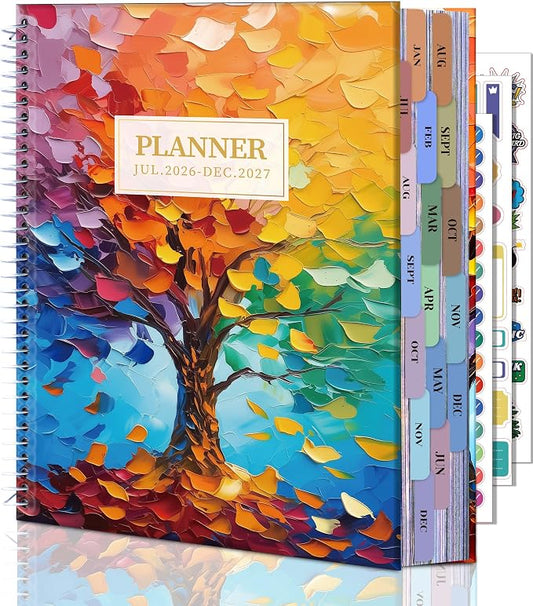 CAGIE Planner 2026-2027 Weekly and Monthly,18 Month (Jul. 26-Dec. 27) Planners Calendar with Hourly Timeslot, 10"x11.5", Large Hardcover Spiral Daily Planner with Tab for Work, Home,Teacher, Rainbow