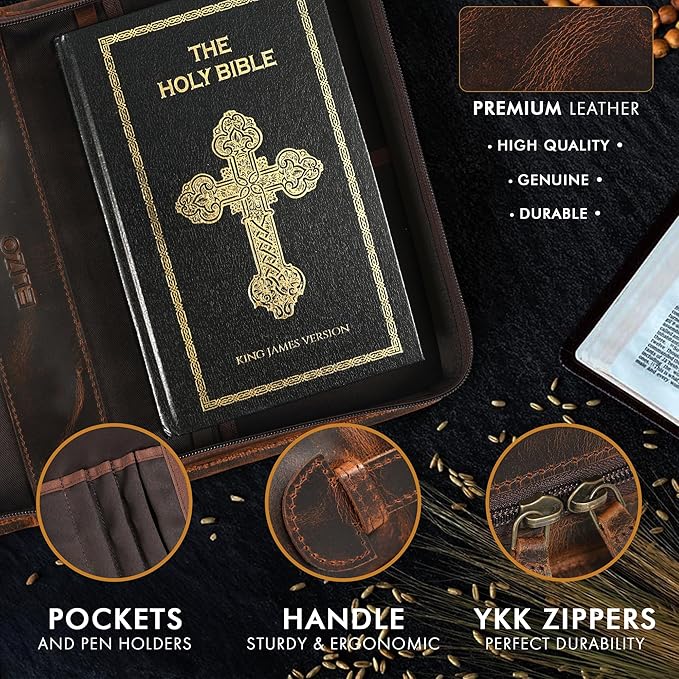 ELIZO Leather Bible Cover Case for Men Women Genuine Leather Bible Bag Holder Cross Large Carrying with Zipper Case Protector Christian Religious Gifts for Mens Timber Study