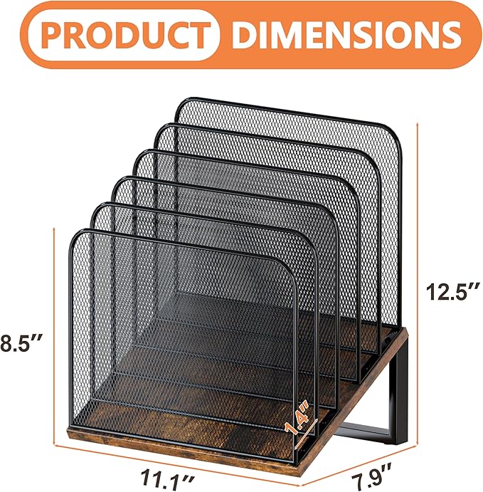 Piskyet Wooden Desk File Organizer, 5-Section Vertical File Folder Holder Stand,Metal Mail Paper Chromebook Organizer for Teacher Desk Office Classroom Desktop Organization（Inclined）