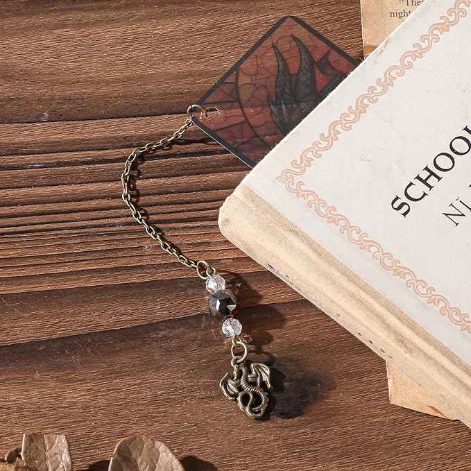 Fantasy Dragon Bookmark Gifts - 4 Pcs Cool Stained Glass Bookmarks for Men Novles Book Lovers Tassels Beaded Page Marks Books Merch Reading Accessories Bookish Gift for Birthday Back to School