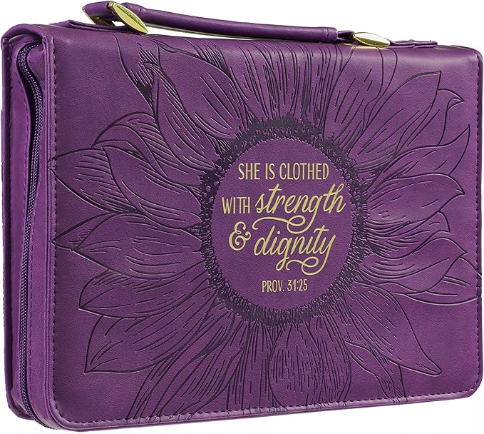Christian Art Gifts Women's Fashion Bible Cover Strength and Dignity Proverbs 31:25, Purple/Gold Sunflower Faux Leather, Medium