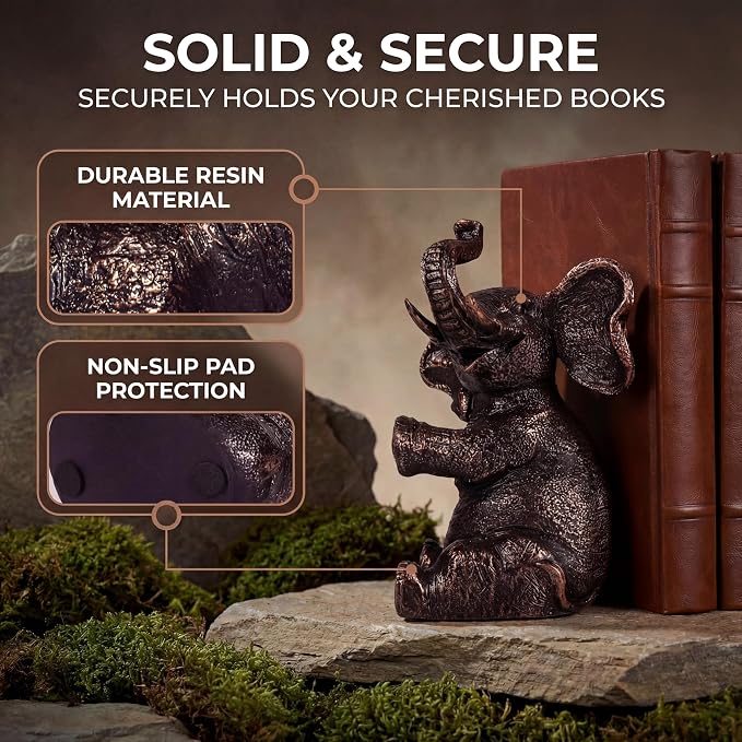 Elephant Bookends with Non-Slip Padding - Heavy Duty Book Ends for Shelves - Gold Decorative Bookend Unique - Vintage Animal Holders for Heavy Books - Living Room Bookshelf Decor - 4 x 4 x 7 Inches