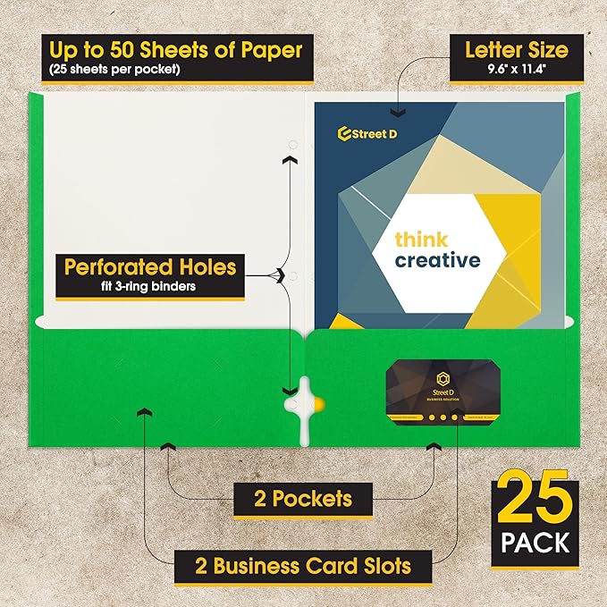 2 Pocket Portfolio Folders, 25 Pack, Trendy Cool Colors, Fits Letter Size Paper, for School, Office, Home, Matte Finish (Neon Green)