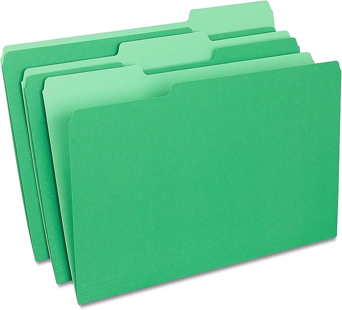 Staples File Folders, Legal Size, 1/3‑Cut Tabs, Green, Durable Paper Stock, 200/Carton