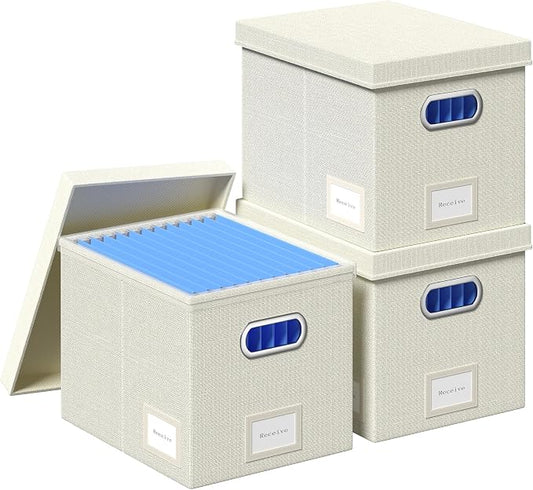 File Organizer Box - File Boxes for Hanging Files with Lid Set of 3 Decorative Hanging Folders Organizer with One-Piece Plastic Frame Slides (Beige White, 13.2 * 10.1 * 10.1in(3Pack))
