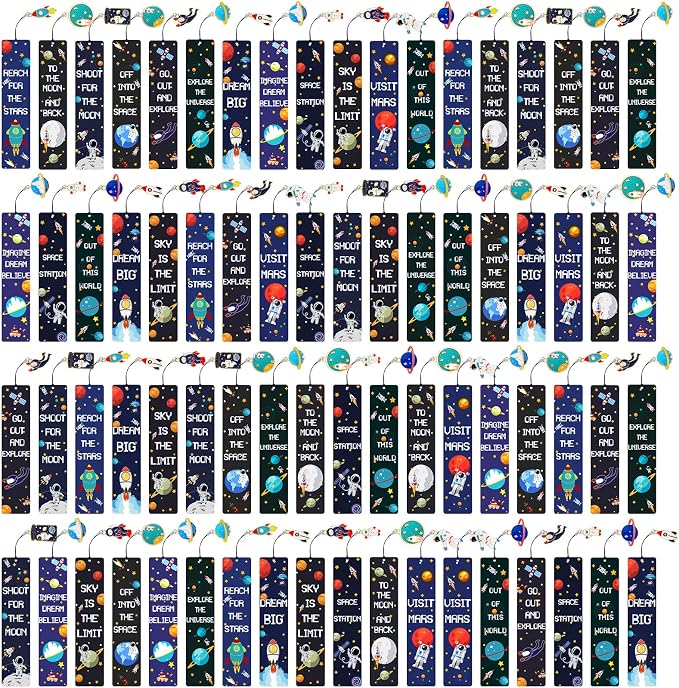 72 Pack Space Bookmarks Bulk for Kids, Outer Space Themed Party Favors, Astronaut Rocket Planet Galaxy Theme Birthday Party Favors, Bookmarks with Metal Charms for Boys Girls, Classroom Rewards Gifts