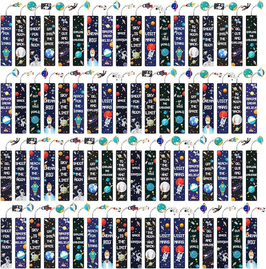 72 Pack Space Bookmarks Bulk for Kids, Outer Space Themed Party Favors, Astronaut Rocket Planet Galaxy Theme Birthday Party Favors, Bookmarks with Metal Charms for Boys Girls, Classroom Rewards Gifts