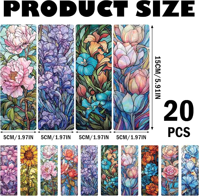 Pretty Flower Bookmark Gifts - 20 Pcs Floral Stained Glass Art Bookmarks for Women Students Book Lovers Aesthetic Plant Page Marks School Reading Accessories Bookish Birthday Graduation Gift