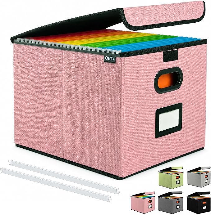 Qerlei File Organizer Boxes with Lids,Collapsible File Folder Organizer with Plastic Slide,Collapsible Filing & Storage Boxes for Office/Decor/Home (Pink, 1 Pack)
