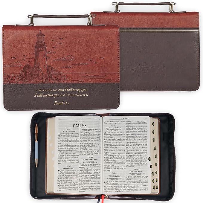 Christian Art Gifts Premium Classic Vegan Leather Inspirational Bible Cover for Men & Women: I Will Carry You Encouraging Golden Scripture, Lighthouse Ocean Theme, Pen Loops, Pockets, Brown, XL