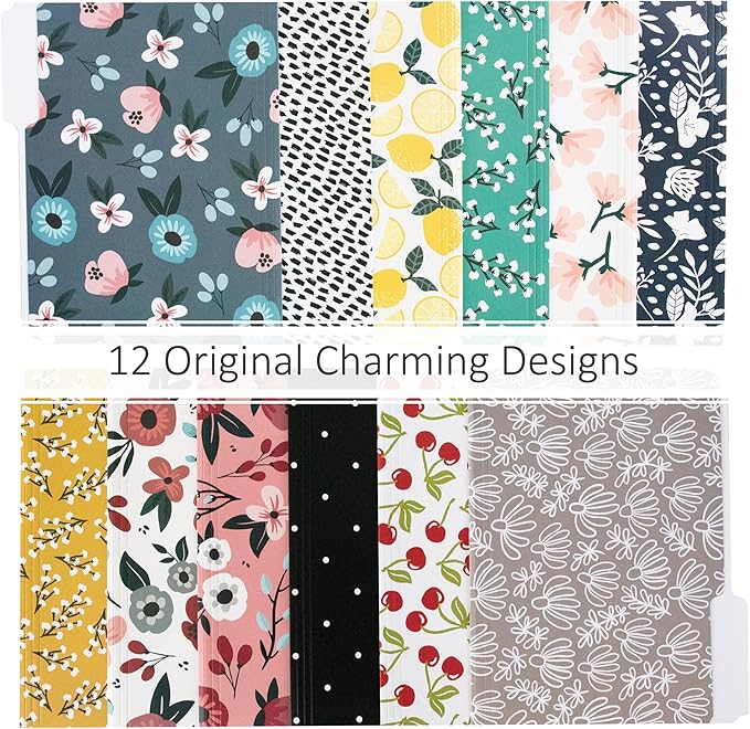 Cute File Folders, Set of 12 3-Tab Letter Size Decorative File Folders Boho Colored Manilla 8.5 x 11 Filing – Pretty Designer Home Office School Supplies (Mesmeric)