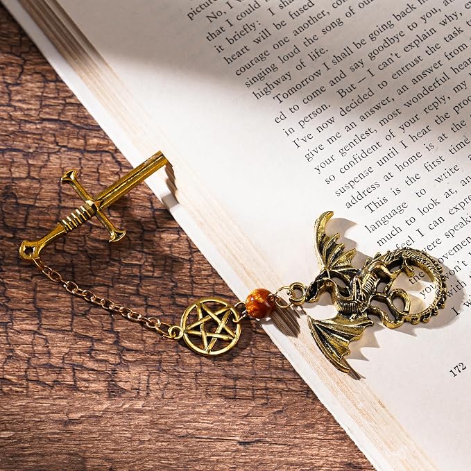Fantasy Dragon Sward Bookmark - Cool Fourth Wing Page Marker Novel Fans Book Lovers Aesthetic Vintage Tassel Metal Pendant Antique Gold Bookmarks Inspirational Gift Reading Reader Men Boys