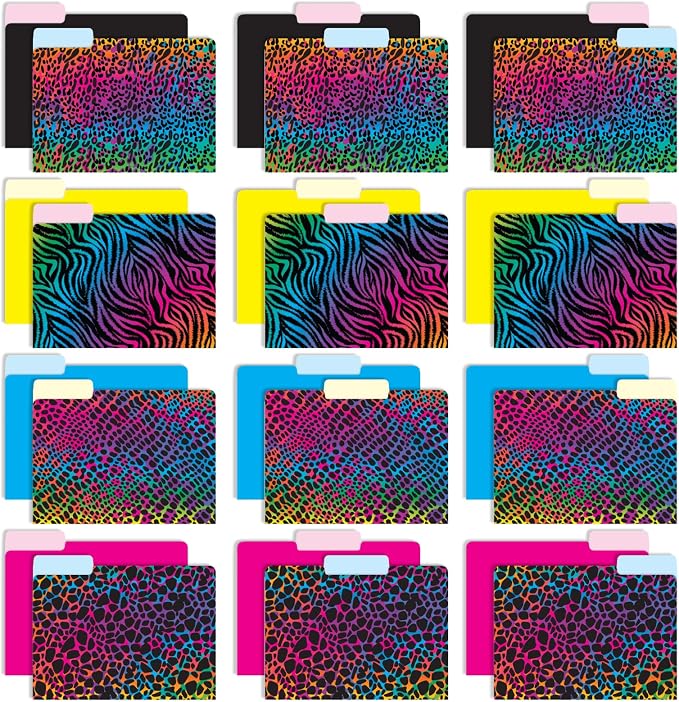 Global Printed Products Deluxe Designer Printed File Folders, 1/3 Cut Tab, Assorted Positions, Letter Size, 24/pk (Animal Print)