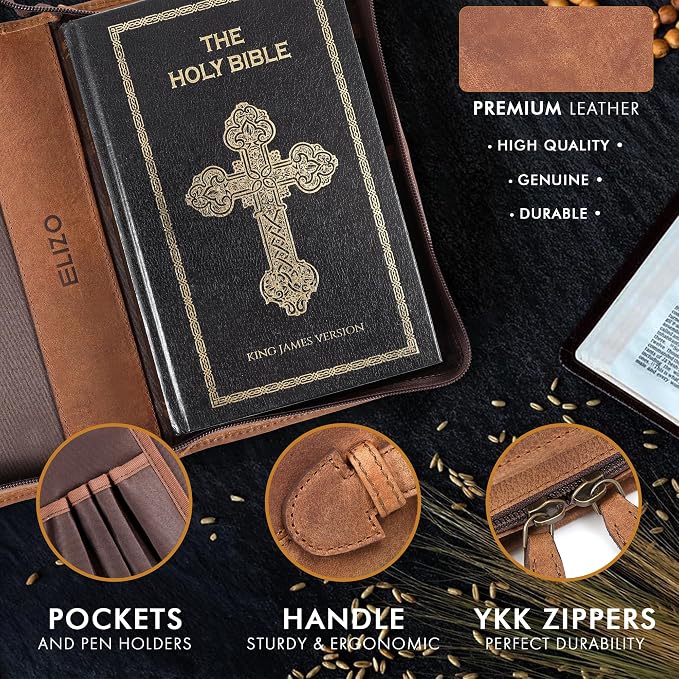 ELIZO Leather Bible Cover Bible Case for Men Women Genuine Leather Bible Bag Holder Cross Large Carrying with Zipper Case Protector Christian Religious Gifts for Mens Pioneer (Saddle Red/Small)