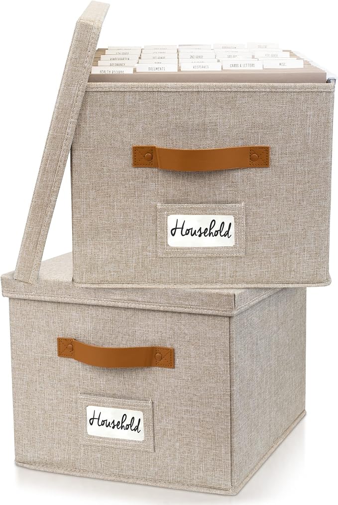 Decorative File Organizer Box Set of 2 - Collapsible Linen Filing Cabinets with Handles Are Perfect to Store All Your Documents & Hanging File Folders - Portable Easy Slide Office Crates with Lid