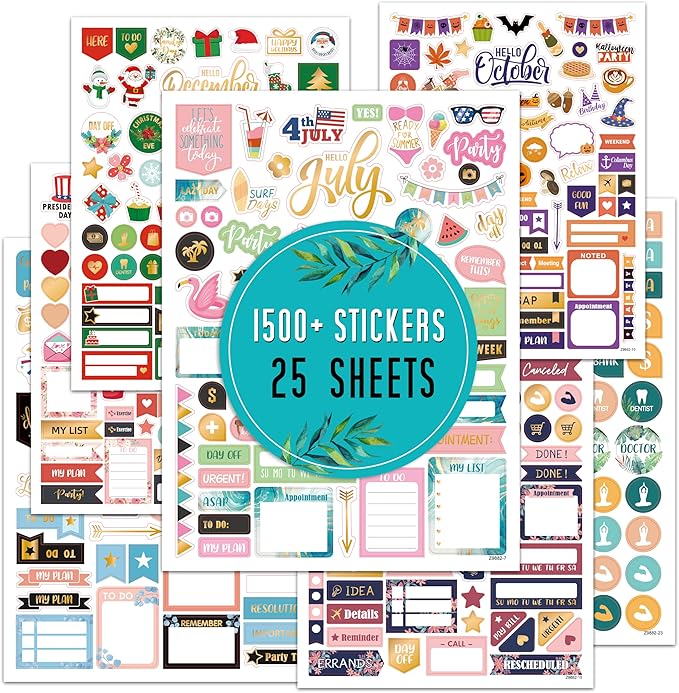 Planner Stickers - Monthly Planner Stickers and Accessories 25 Pages 1500 + Stunning Functional and Colorful Designs, Calendar Sticker Includes Festival Theme Journal Sticker