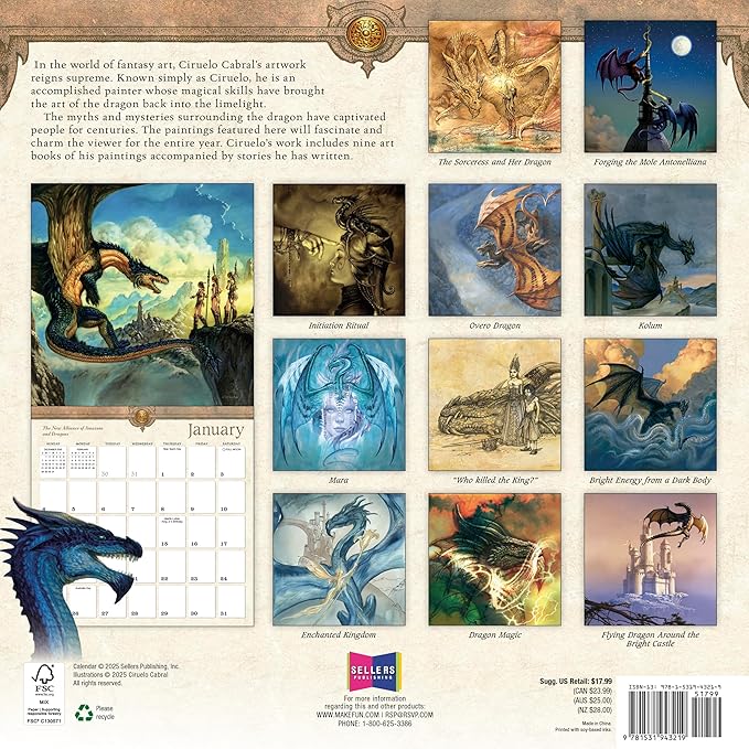 Dragons by Ciruelo 2026 Wall Calendar, 12-Month Fantasy Calendar, 12" x 12", Monthly Calendar 2026 Planner with Large Grids for Office or Home