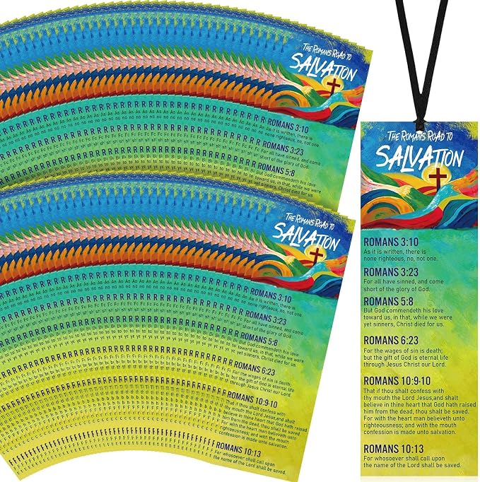 Fuyoooo 100 Pcs Romans Road to Salvation Bookmarks 6 x 2 Inches Roman's Road Bookmarks Gospel Tracts with 100 Pcs Hanging Strings Christian Inspirational Scripture Gift for Church Men Women