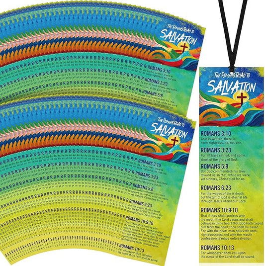 Fuyoooo 100 Pcs Romans Road to Salvation Bookmarks 6 x 2 Inches Roman's Road Bookmarks Gospel Tracts with 100 Pcs Hanging Strings Christian Inspirational Scripture Gift for Church Men Women