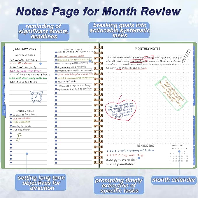 2026 Monthly Planner (7.4'' x 9.6''), 18 Months Agenda Planner from Jul 2026-Dec 2027, Calendar Planner 2026-2027 with Tabs & Pocket, 120GSM Paper, Green