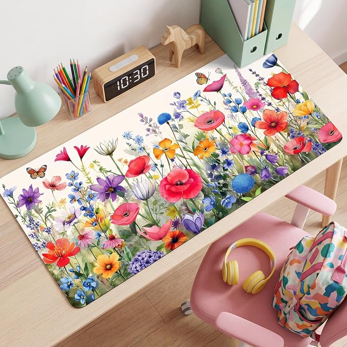 Geyoga Flower Mouse Pad for Desk 31.5 x 15.7 in Pink Floral Desk Mat for Desktop XL Large Computer Laptop Protector Keyboard Mouse Pad for Woman Back to School Gifts Work Office Home Decor