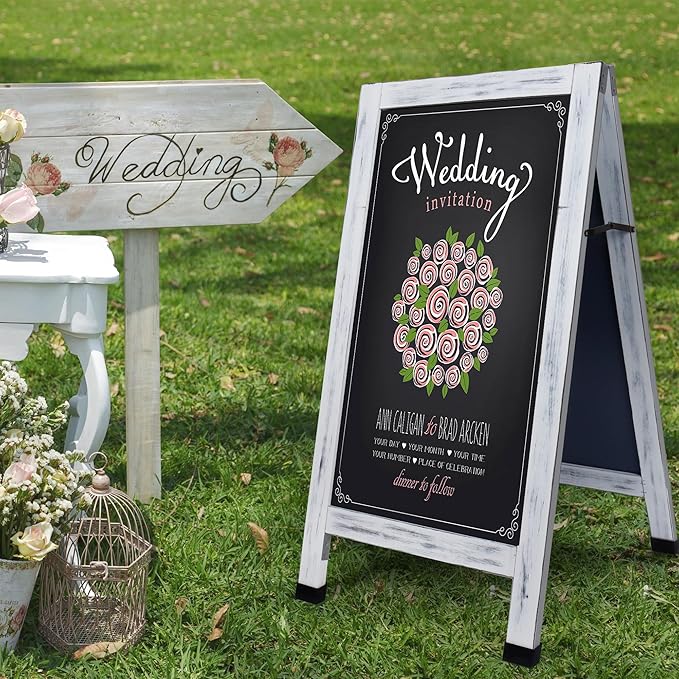 SELEAD Solid Wood A-Frame Chalkboard - 40" x 20" Magnetic Sandwich Board Signs Outdoor Standing Chalk Board Easel Sidewalk Pizarra for Wedding, Business, Party - Rustic White
