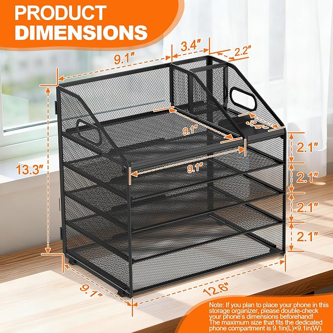 DocNest 5 Tier Metal Mesh Letter Tray - Space Saving Desk File Organizer with Handle, Pen Holder & Folder Holder - Desktop Document Sorter for Office, Home, School, Classroom - Black
