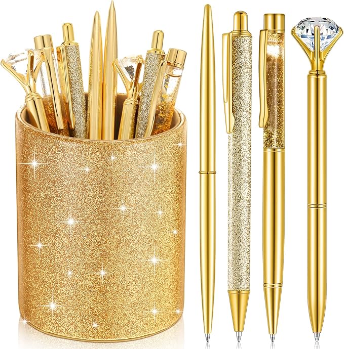 Sabary 8 Pcs Gold Pens with Pen Holder for Desk Glitter Crystal Diamond Cute Ballpoint Fancy Pencil Holder Bling Desk Organizer for Women Girls School Office Supplies Wedding Graduation Gifts