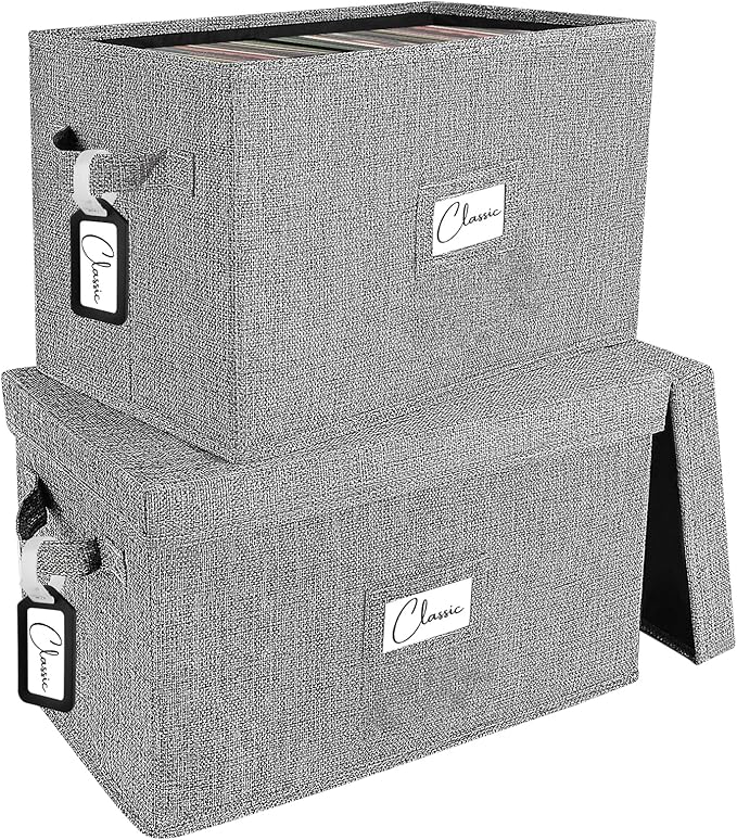 Woodoulogy Vinyl Record Storage Box Set of 2 - for 7"/45 RPM LPs, Grey Case with Lid Holds up to 160 Albums, CD Crate Play Music Holder, File Folder Cabinet Organizer Case with Handle