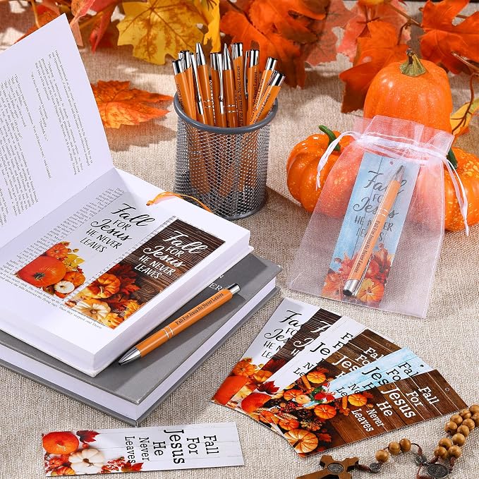 Dispowreath 36 Pcs/ 18 Sets Fall for Jesus He Never Leaves Gifts Pen with Bookmark, Include 18 Bible Verse Pen, 18 Religious Bookmarks Autumn Thanksgiving Exchange Gifts for Home Church Party Favors