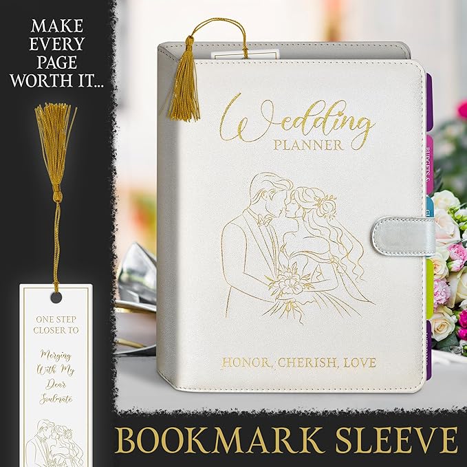 Future Mrs. Wedding Planner Book – White PU Leather with Gold Stamped Cover – Includes Gold Heart Pen & Bookmark – 7.25” x 9” Bridal Organizer for Budget, Guests, Vendors, Honeymoon & Wedding Day