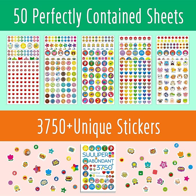 Suuuper 3750+ PCS Encouragement Stickers, 1200+ Cute Designs Fun Craft Stickers Laptop Scrapbooks Planner DIY Diary Decoration -Motivational Incentive for Kid Parent Teacher Kindergarten (50 Sheets)
